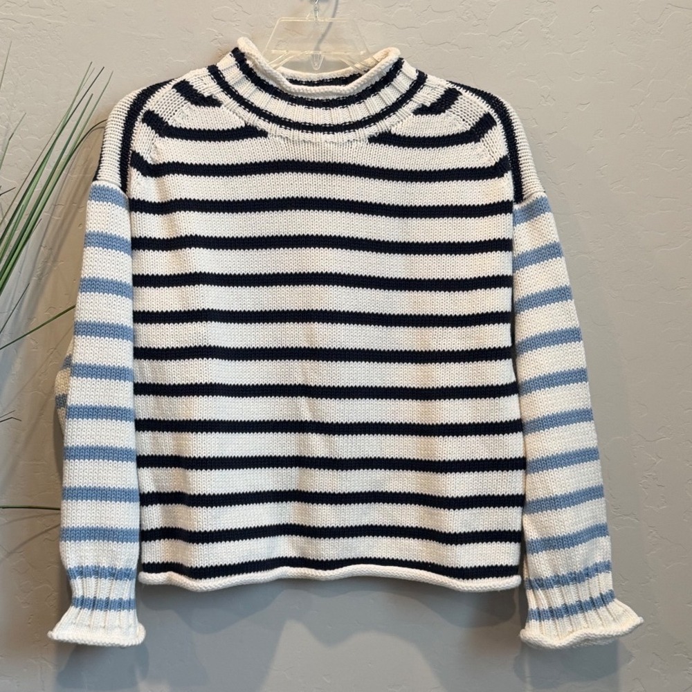 J.Crew 2025 Rollneck Stripped Ruffle Cuff Sweater CV158 XS Navy Blue Mist